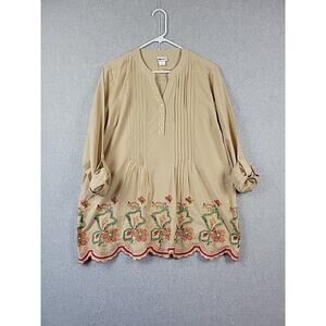 American Sweetheart 100% Cotton Tan Floral Embroidered RTS Tunic Women's Large